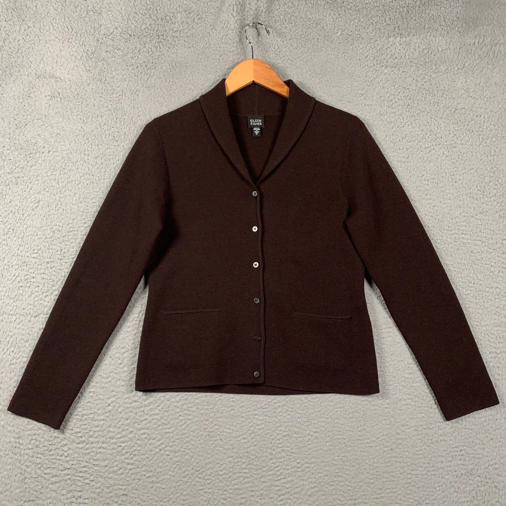 Eileen Fisher Italian Wool Shawl Collar Cardigan Women Small S Brown Knit Button